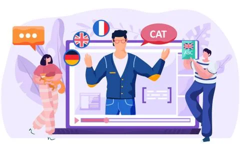 Online Internet language courses. Man teacher leads a lesson, conducts a 스톡 일러스트