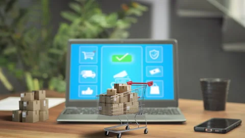 Online internet shopping 3d purchase packages on laptop computer Stock Footage 318797300
