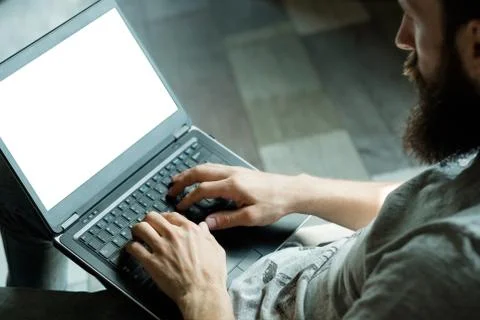 Online it software development man type laptop Stock Photos