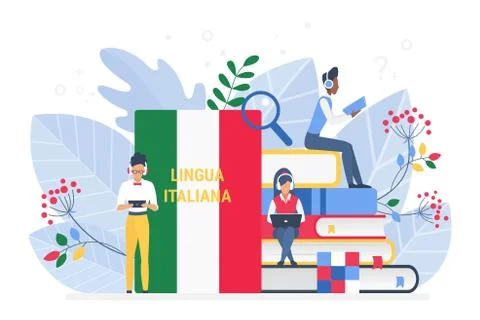 Online Italian language courses flat illustration. Distance education, remote Stock Illustration