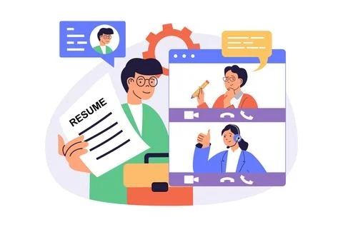 Online job interview web concept with flat cartoon people for website design. 库存插图
