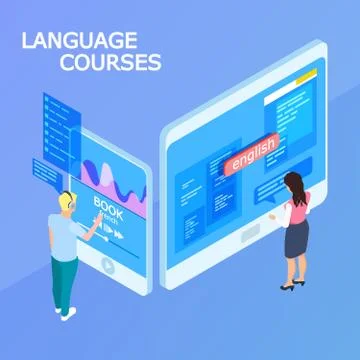 Online language courses isometric 3d vector concept Illustrazione stock