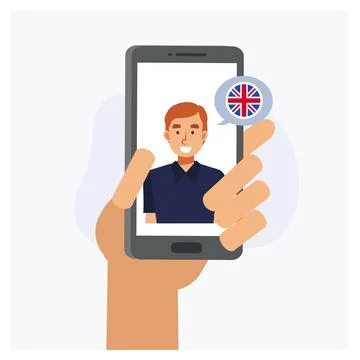 Online language learning concept. Mobile app chat, video call. Learning Engli Stock Illustration
