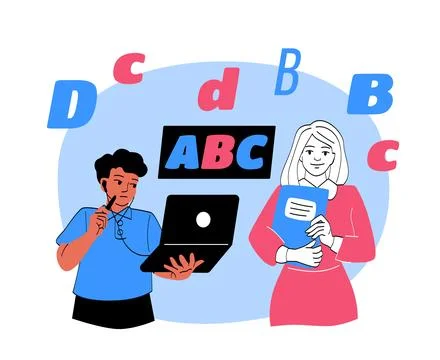 Online language learning concept with students and letters floating around. Stock Illustration