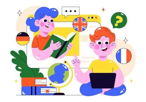 Online Language Learning Vector Illustration Featuring Courses, Training Pr.. Stock Illustration