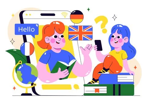 Online Language Learning Vector Illustration Featuring Courses, Training Pr.. Stock Illustration