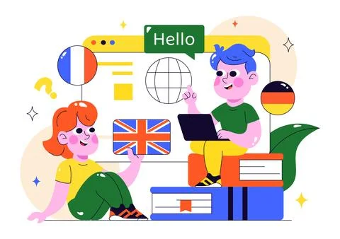 Online Language Learning Vector Illustration Featuring Courses, Training Pr.. Stock Illustration