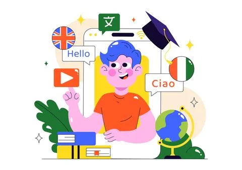 Online Language Learning Vector Illustration Featuring Courses, Training Pr.. Stock Illustration