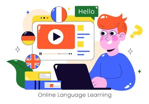 Online Language Learning Vector Illustration Featuring Courses, Training Pr.. Stock Illustration