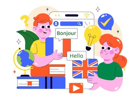 Online Language Learning Vector Illustration Featuring Courses, Training Pr.. Stock Illustration