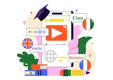 Online Language Learning Vector Illustration Featuring Courses, Training Pr.. Stock Illustration