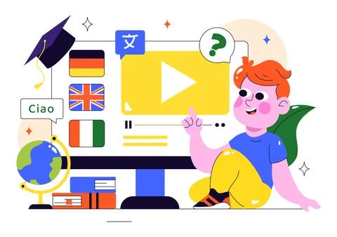 Online Language Learning Vector Illustration Featuring Courses, Training Pr.. Stock Illustration