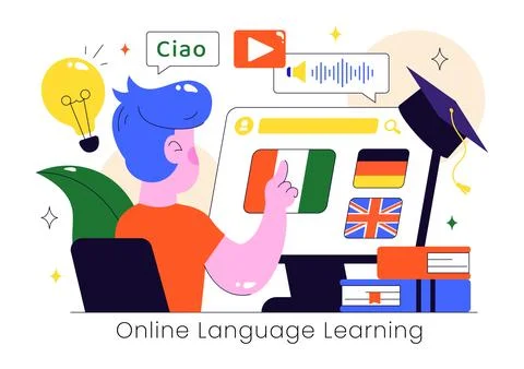 Online Language Learning Vector Illustration Featuring Courses, Training Pr.. Stock Illustration