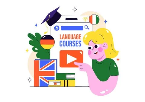 Online Language Learning Vector Illustration Featuring Courses, Training Pr.. Stock Illustration