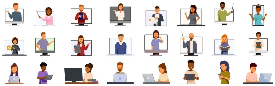 Online language tutor icons set. Teachers and students attending online cla.. Stock Illustration
