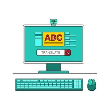 Online learn language concept with computer Illustrazione stock