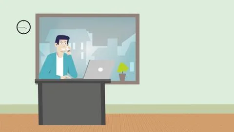 Online learning. 2d illustration of young student learning at home, sitting at Illustrazione stock