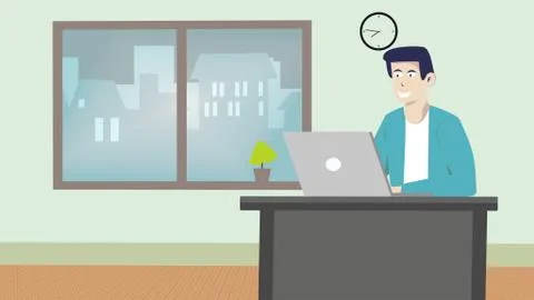 Online learning. 2d illustration of young student learning at home, sitting at Illustrazione stock