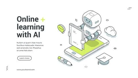 Online learning with AI isometric banner. Robot for digital education and mob Stock Illustration