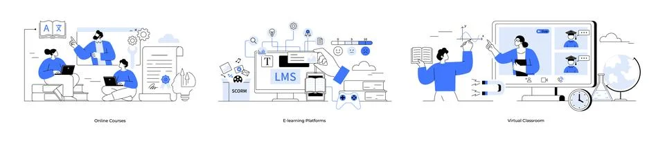 Online Learning and AI-Based Education Illustrated in Vector Art Stock Illustration