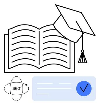 Online Learning and Graduation Concept with Graduation Cap, Open Book, 360-.. Illustrazione stock