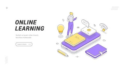 Online Learning banner template. Isometric illustration shows a student on a  Stock Illustration
