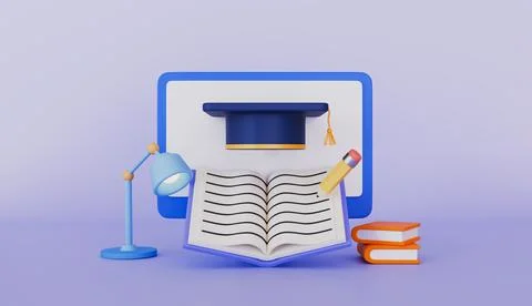 Online Learning book, graduation hat and computer, Academic and online education Ilustração Stock