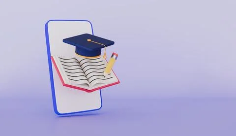 Online Learning book, graduation hat and mobile phone, Academic and online Stock Illustration