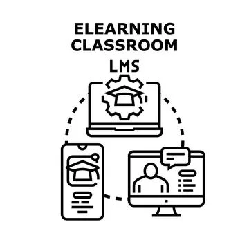 Online learning classroom system connecting multiple devices Stock Illustration