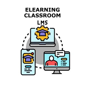 Online learning classroom system connecting multiple devices Stock Illustration