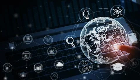 Online learning computer keyboard and screen with education icons Stock Photos