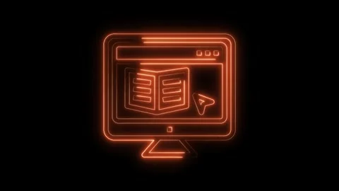 Online learning concept animated neon icon of book and computer education Stock Footage 322971138