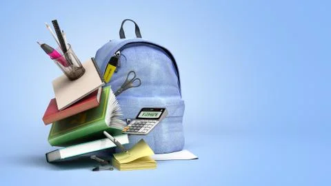 Online learning concept Blue backpack with school supplies 3d render on blue Stock Illustration