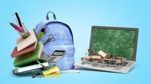 Online learning concept Blue backpack with school supplies and laptop 3d rend Stock Illustration