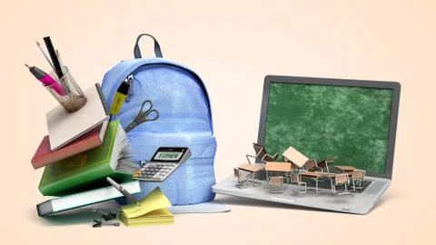 Online learning concept Blue backpack with school supplies and laptop 3d rend Illustrazione stock