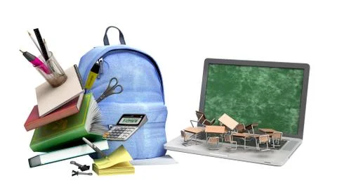 Online learning concept Blue backpack with school supplies and laptop 3d rend 스톡 일러스트