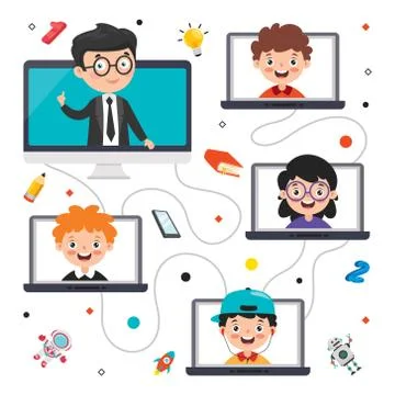 Online Learning Concept With Cartoon Character Illustrazione stock