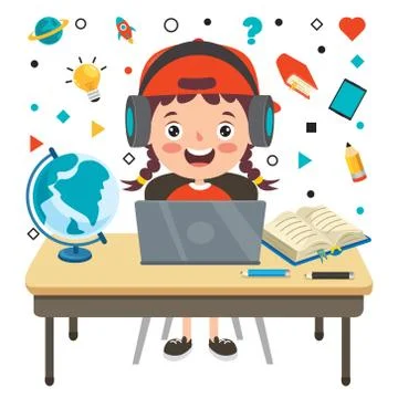 Online Learning Concept With Cartoon Character 스톡 일러스트