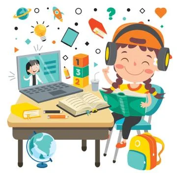 Online Learning Concept With Cartoon Character 스톡 일러스트