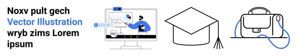 Online Learning Concept with Computer, Graduation Cap, and Backpack Stock Illustration
