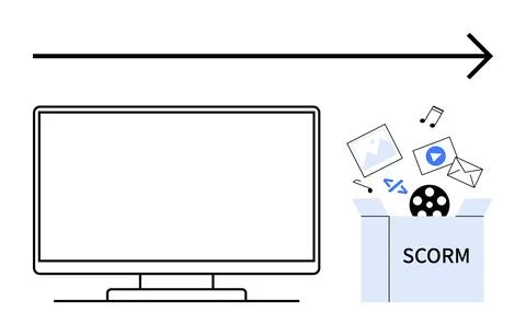 Online Learning Concept with Computer Screen and SCORM Digital Media Conten.. Illustrazione stock
