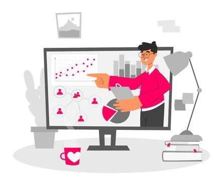 Online learning concept. Desktop with computer and teaching materials Stock Illustration