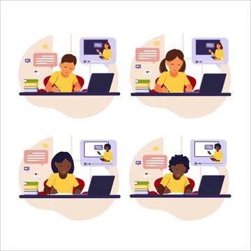 Online learning concept. Different kids sitting behind desk studying online u Stock Illustration