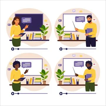 Online learning concept. Different teachers at chalkboard, video lesson. Dist Stock Illustration
