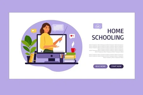 Online learning concept. Home schooling landing page. Teacher at chalkboard,  스톡 일러스트