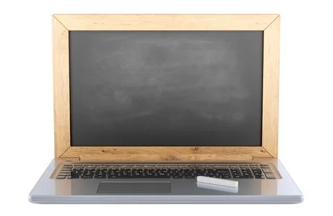 Online learning, concept. Laptop with blank school blackboard and chalk, 3D.. 스톡 일러스트