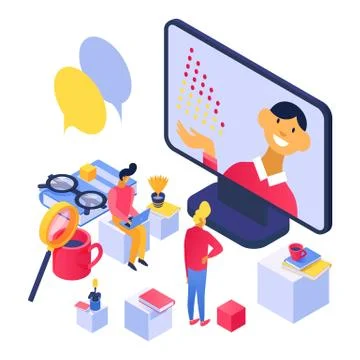 Online learning concept, lecture on laptop screen for people students vector Stockillustratie