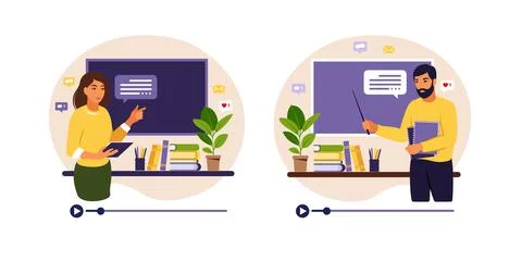 Online learning concept. Man and woman teachers at chalkboard, video lesson.  Stock-Illustration