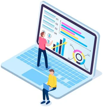 Online learning concept. Man studies statistics and list of points distributed Stock Illustration