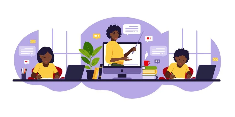 Online learning concept. Online class. African teacher at chalkboard, video l Stockillustratie